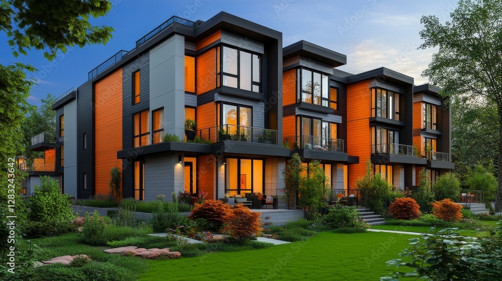Modern Townhouses at Dusk with Lush Landscaping Modern Townhouses at Dusk with Lush Landscaping
