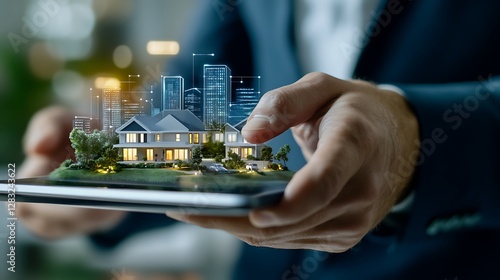 Digital Real Estate Model with Cityscape Demonstration on Tablet by Professional Hand