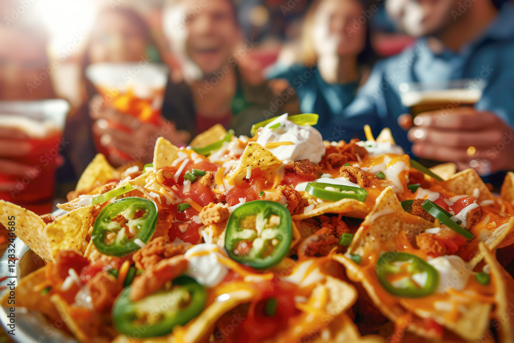 A fun party scene featuring a plate of nachos surrounded by friends, capturing the essence of fast Mexican cuisine and the joy of sharing a meal.