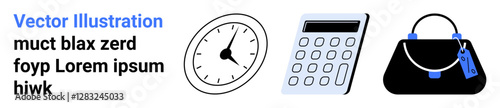 Analog clock, calculator, handbag with tag symbolizing time management, budgeting, and personal style. Ideal for finance, business, fashion, productivity shopping organization flat landing page