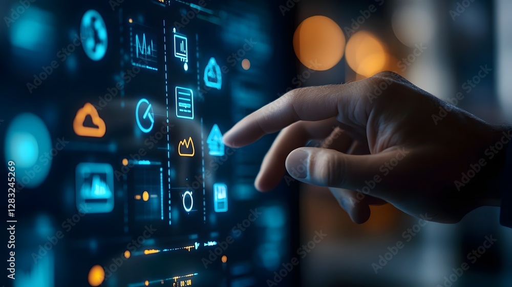 Businessman s Hand Interacting with Holographic Digital Graph and Futuristic Analytics Interface Businessman s Hand Interacting with Holographic Digital Graph and Futuristic Analytics Interface