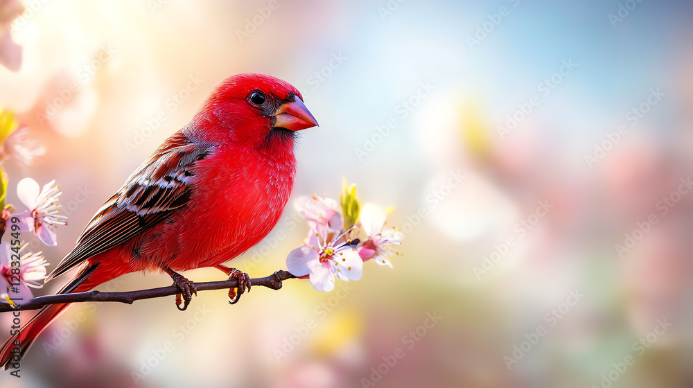 A vibrant red bird perched gracefully on a branch surrounded by delicate blossoms, embodying the essence of spring and the beauty of nature in a serene and peaceful environment. A vibrant red bird perched gracefully on a branch surrounded by delicate blossoms, embodying the essence of spring and the beauty of nature in a serene and peaceful environment.
