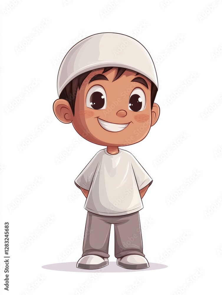 A smiling cartoon character of an islamic boy standing happily A smiling cartoon character of an islamic boy standing happily