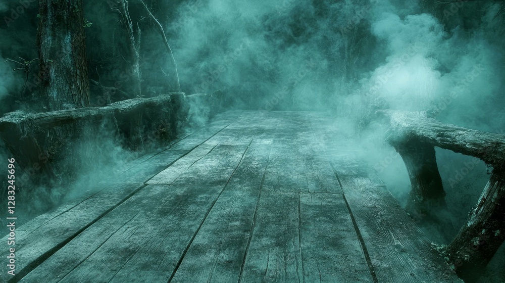 Mysterious Foggy Wooden Bridge in the Woods Mysterious Foggy Wooden Bridge in the Woods