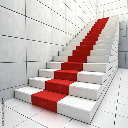 Abstract 3D render shows stairs. White steps lead upward. Red step stands out as next step. Modern design emphasizes progress, success. Blank space for product placement. Ideal for growth concepts