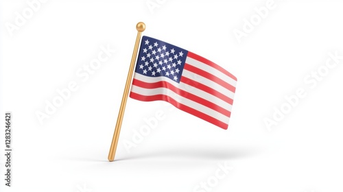 Pixel Art American Flag on Gold Pole Against White Background