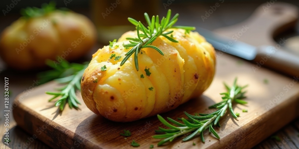 Golden-baked potato wedges seasoned with aromatic herbs, artfully arranged on a rustic wooden board, capturing the essence of simple culinary delights Golden-baked potato wedges seasoned with aromatic herbs, artfully arranged on a rustic wooden board, capturing the essence of simple culinary delights