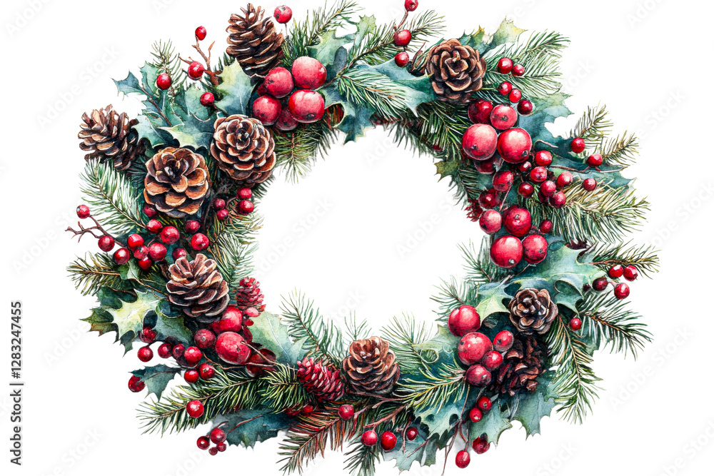 Festive holiday wreath made of pine and berries Festive holiday wreath made of pine and berries