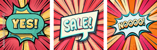 Set of vivid comic book speech bubble with Sale, Yes and No bold text on retro pop art background,  for advertising, marketing, promotions and dynamic social media post communications