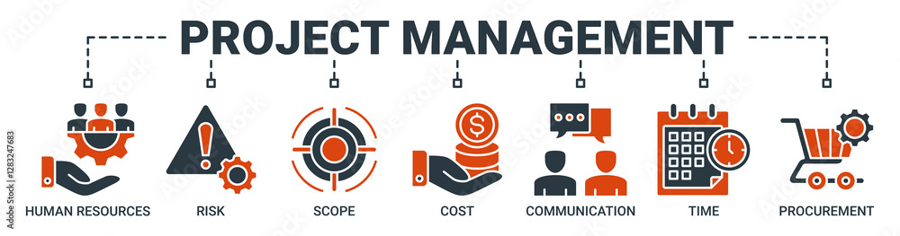 Project management banner web icon vector illustration concept with icon of scope, human resources, time, communication, quality, cost, and procurement icons. Solid color vector symbol background. Project management banner web icon vector illustration concept with icon of scope, human resources, time, communication, quality, cost, and procurement icons. Solid color vector symbol background.