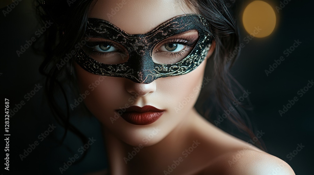 Elegant Woman in Mysterious Mask with Striking Makeup and Captivating Eyes Elegant Woman in Mysterious Mask with Striking Makeup and Captivating Eyes