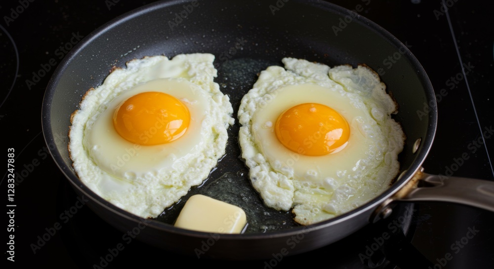 Sizzling sunrise, Golden eggs and melting butter in a nonstick pan Sizzling sunrise, Golden eggs and melting butter in a nonstick pan