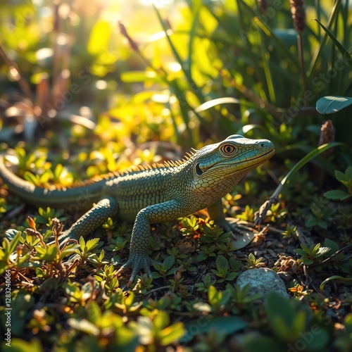 an image of a lizard is standing in the grass, there is a lizard that is sitting in the grass photo