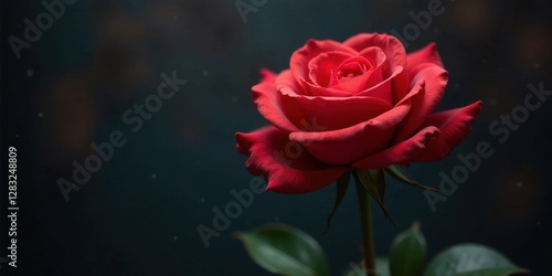 Wallpaper Mural A single crimson rose, elegantly poised, its velvety petals unfurling in a captivating display of natural beauty against a softly blurred dark background. Torontodigital.ca