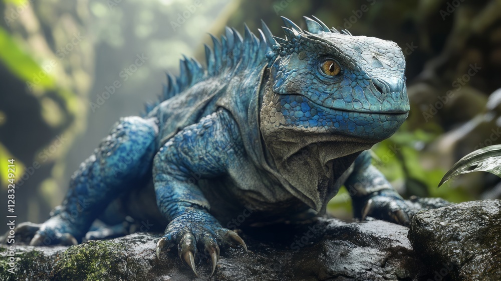 Fototapeta premium Blue Iguana Rests On Stone. Reptile Portrait In Nature. Exotic Pet With Sharp Claws.