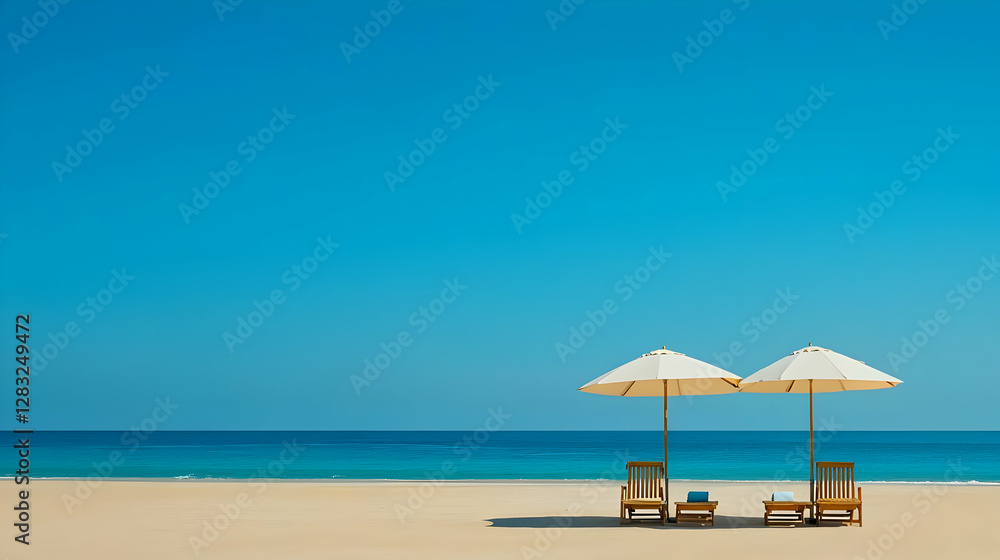 Two Beach Chairs With White Umbrellas and Blue Towels on Sandy Beach under Clear Blue Sky Two Beach Chairs With White Umbrellas and Blue Towels on Sandy Beach under Clear Blue Sky