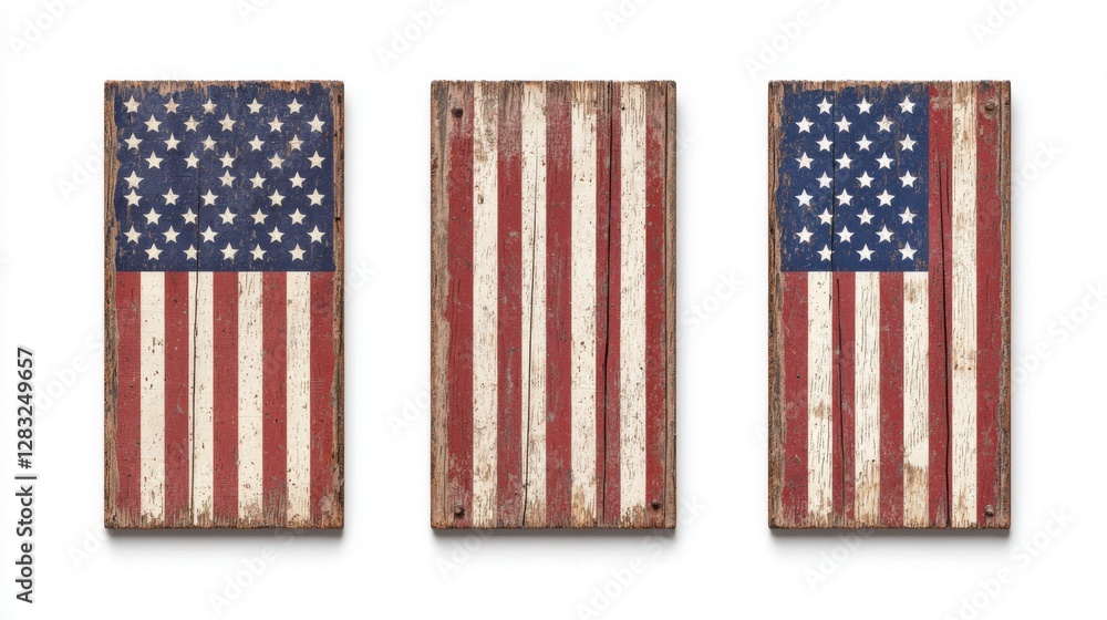 Fototapeta premium Weathered American Flag Triptych on Wood Panels