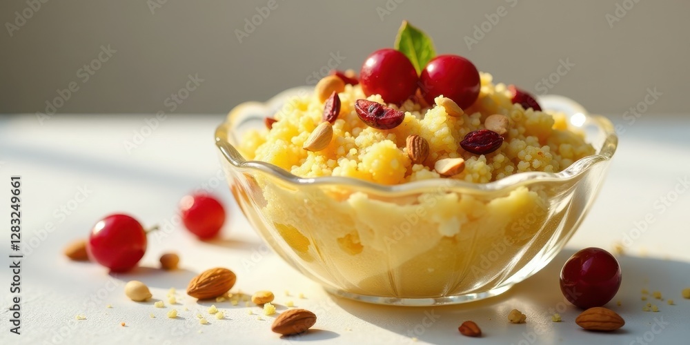 A delightful bowl of creamy couscous, adorned with sun-ripened cherries and crunchy almonds, presents a visually appealing and wholesome breakfast or dessert option. A delightful bowl of creamy couscous, adorned with sun-ripened cherries and crunchy almonds, presents a visually appealing and wholesome breakfast or dessert option.