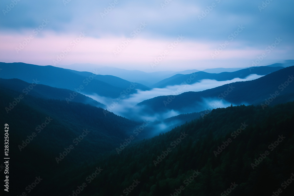 Mystical Mountainscape: A serene and captivating vista of rolling mountains shrouded in a delicate veil of mist, under a dusky sky that hints at the transition between day and night. Mystical Mountainscape: A serene and captivating vista of rolling mountains shrouded in a delicate veil of mist, under a dusky sky that hints at the transition between day and night.