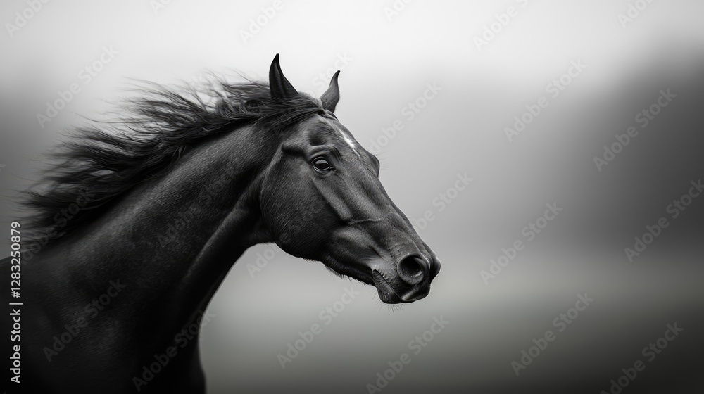 Fototapeta premium Black Horse Profile in Misty Landscape