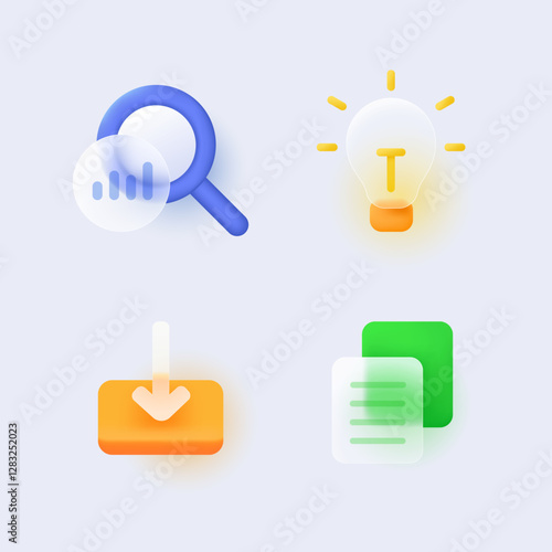 Glassmorphism Icons set with a modern Gradient and Transparent effect for Business Applications featuring Search Magnifier Idea lightbulb Download button and Document perfect for UI UX designs