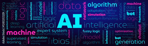 Tagged tag cloud on artificial intelligence, background, screensaver, banner, word texture, word pattern