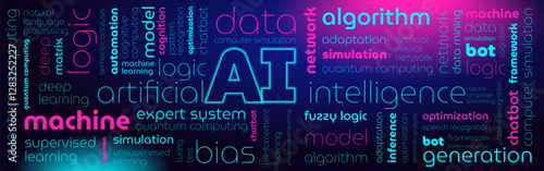 Tagged tag cloud on artificial intelligence, background, screensaver, banner, word texture, word pattern