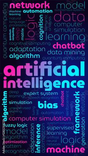 Tagged tag cloud on artificial intelligence, background, screensaver, banner, word texture, word pattern