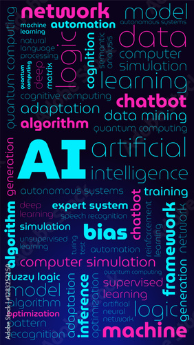 Tagged tag cloud on artificial intelligence, background, screensaver, banner, word texture, word pattern
