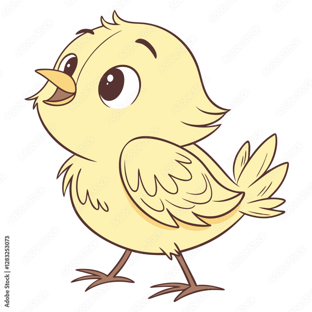 Fototapeta premium A small, adorable Easter chick with fluffy yellow feathers stands joyfully against a clean white background. Its big, bright eyes and cheerful demeanor symbolize the joy of springtime celebrations