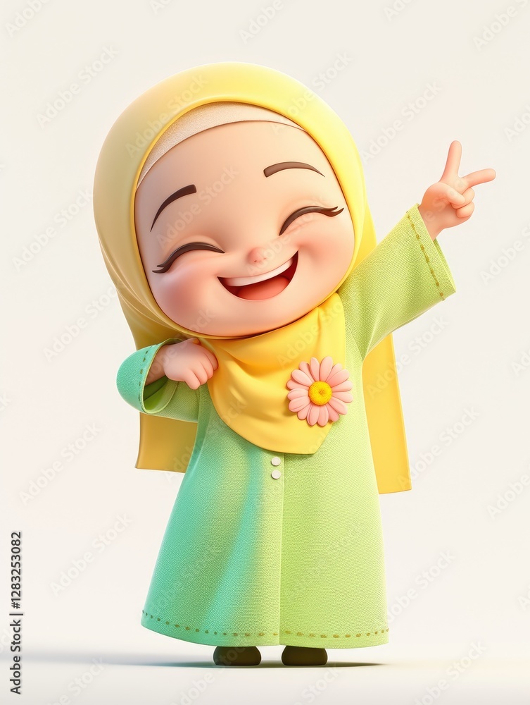 Cartoon illustration of a cheerful girl smiling and wearing hijab Cartoon illustration of a cheerful girl smiling and wearing hijab
