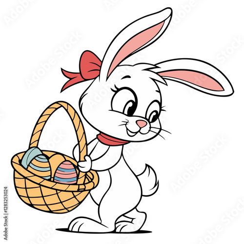 A cheerful bunny with long ears and a red bow happily holds a woven basket filled with vibrant Easter eggs. This delightful scene radiates joy and springtime festivities