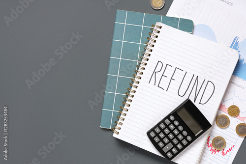 Notebook with word REFUND, ...