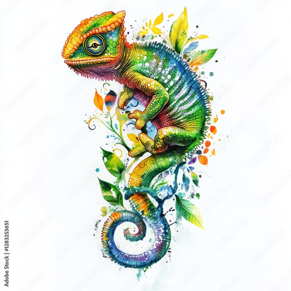 Obraz premium Chameleon's vibrant presence: A majestic Chameleon, a masterpiece of nature's artistry, presents itself, perched upon a delicate stem, boasting a spectrum of colors in its skin.