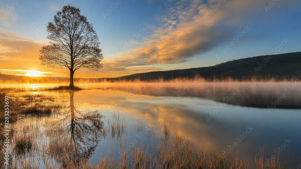 Sunrise over a Misty Lake with a Solitary Tree Sunrise over a Misty Lake with a Solitary Tree