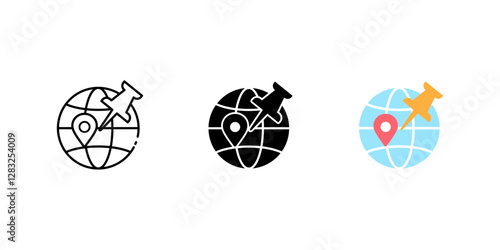 geolocation icon set. Linear, silhouette and flat styles are editable.