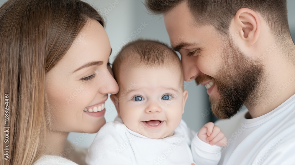 Close-up portrait of a young family of three - a mother, father, and baby. the mother is on the left side of the image, holding the baby in her arms and smiling at the camera. Close-up portrait of a young family of three - a mother, father, and baby. the mother is on the left side of the image, holding the baby in her arms and smiling at the camera.