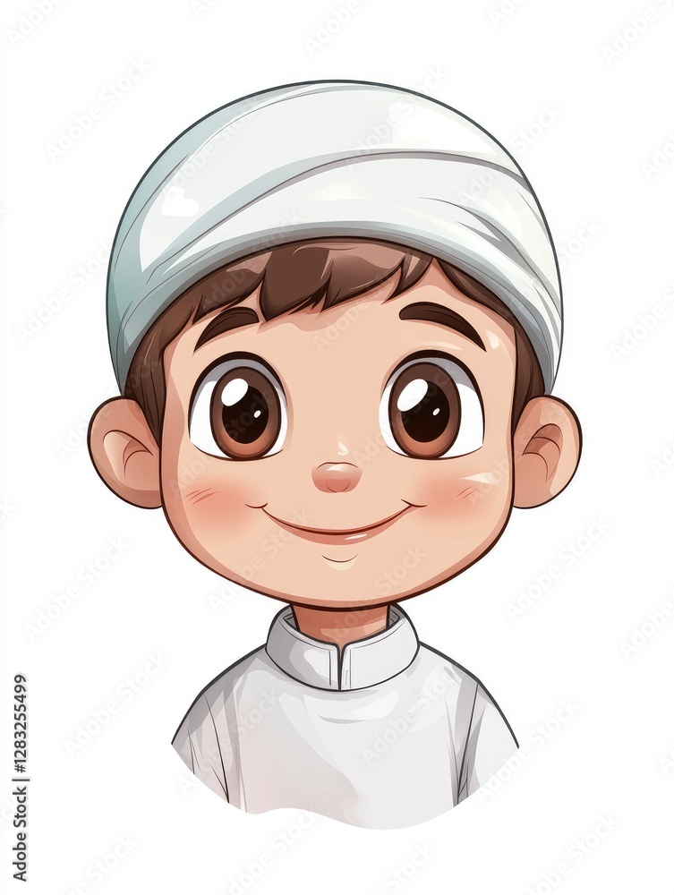 A young smiling boy wearing a white cap and tunic A young smiling boy wearing a white cap and tunic