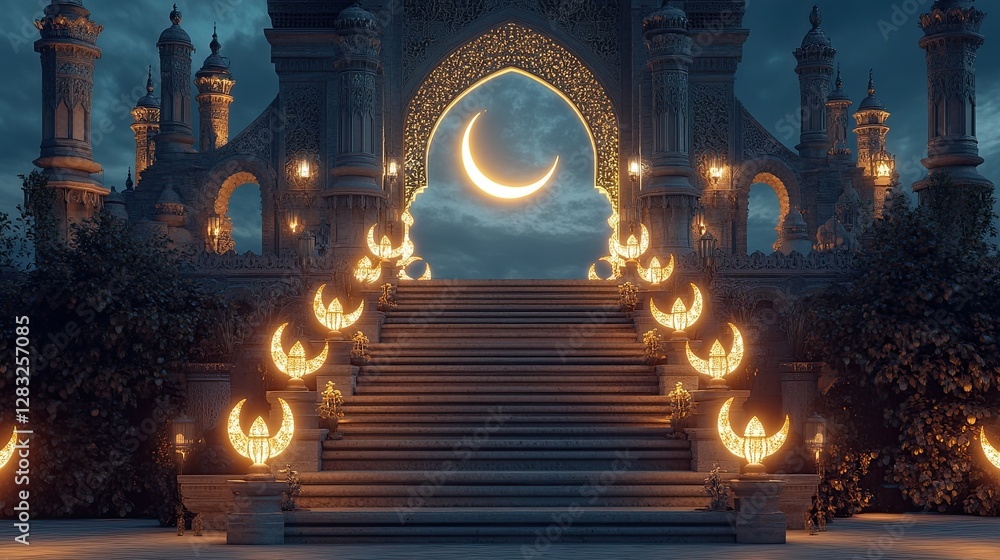 Obraz premium A grand staircase adorned with crescent-shaped lanterns leading to an intricately designed Ramadan arch