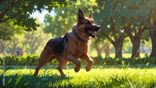A dog is running in a park with trees in the background