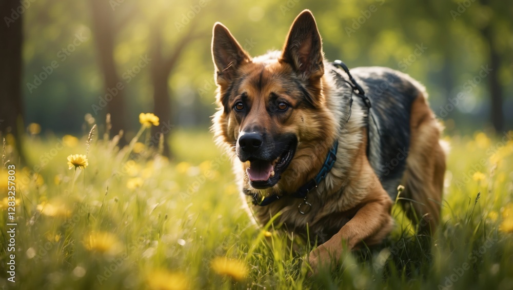 A large German Shepherd dog is running through a field of yellow flowers A large German Shepherd dog is running through a field of yellow flowers