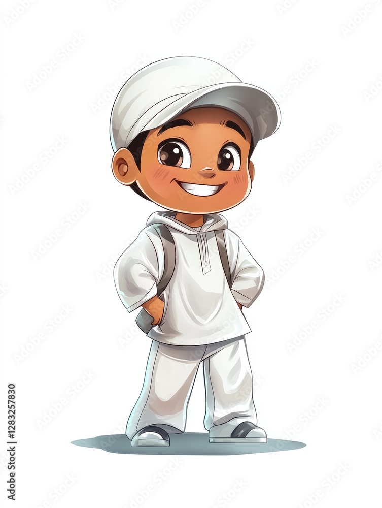 A cheerful cartoon depicts a young boy wearing a white cap A cheerful cartoon depicts a young boy wearing a white cap