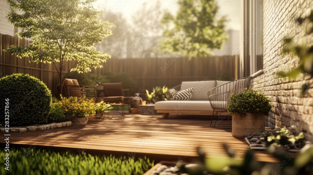 Naklejka premium Create a minimalist outdoor patio space with a simple wooden deck, modern furniture, and a small garden, emphasizing serenity and simplicity