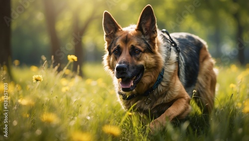 A large German Shepherd dog is running through a field of yellow flowers