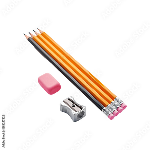 Set of pencil with eraser and sharpner on transparent background photo