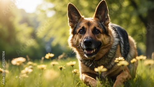 A large German Shepherd dog is running through a field of yellow flowers