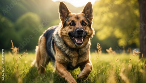 A happy German Shepherd dog is running through a field of grass