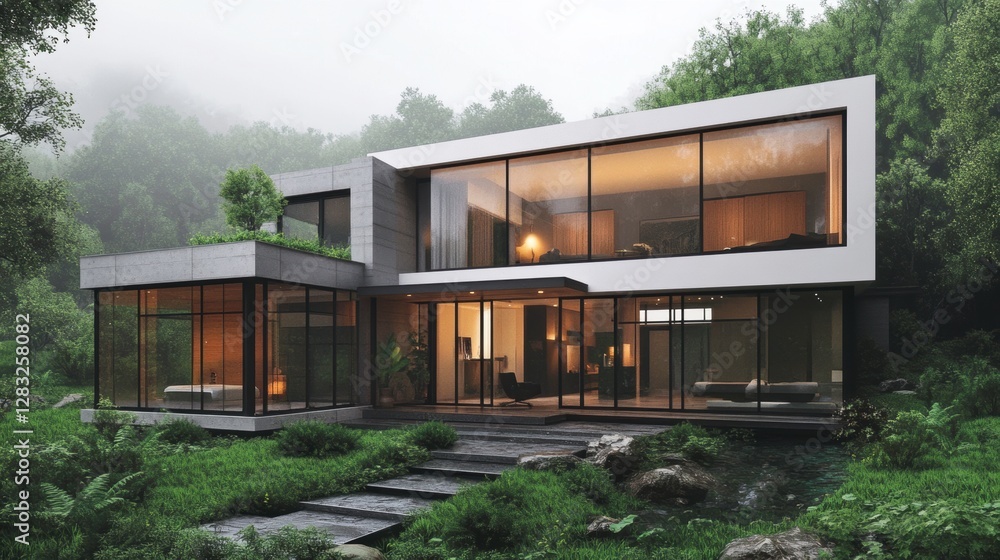 Obraz premium Create a modern minimalist house exterior with clean lines, large glass windows, and a neutral color palette surrounded by a peaceful natural landscape.