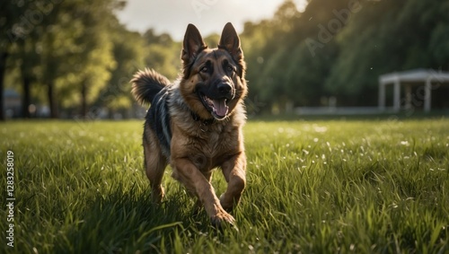 A German shepherd dog is running in a grassy field