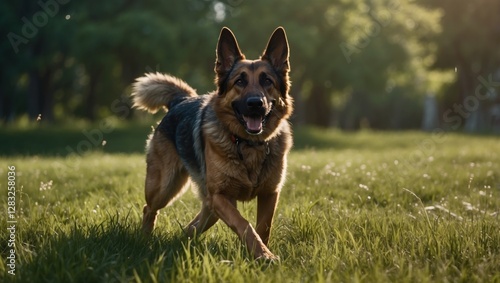 A happy German Shepherd dog is running through a grassy field